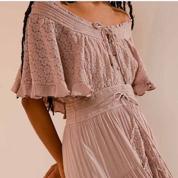 Free People Dusty Pink Cottagecore Boho Ruffle Tiered Maxi Dress Size L - Picture 11 of 15